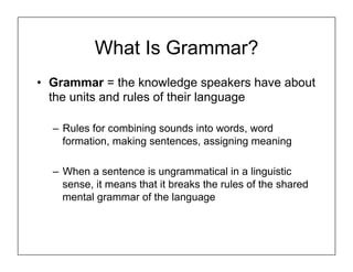 What Is Grammar?
• Grammar = the knowledge speakers have about
the units and rules of their language
– Rules for combining sounds into words, word
formation, making sentences, assigning meaning
– When a sentence is ungrammatical in a linguistic
sense, it means that it breaks the rules of the shared
mental grammar of the language
 