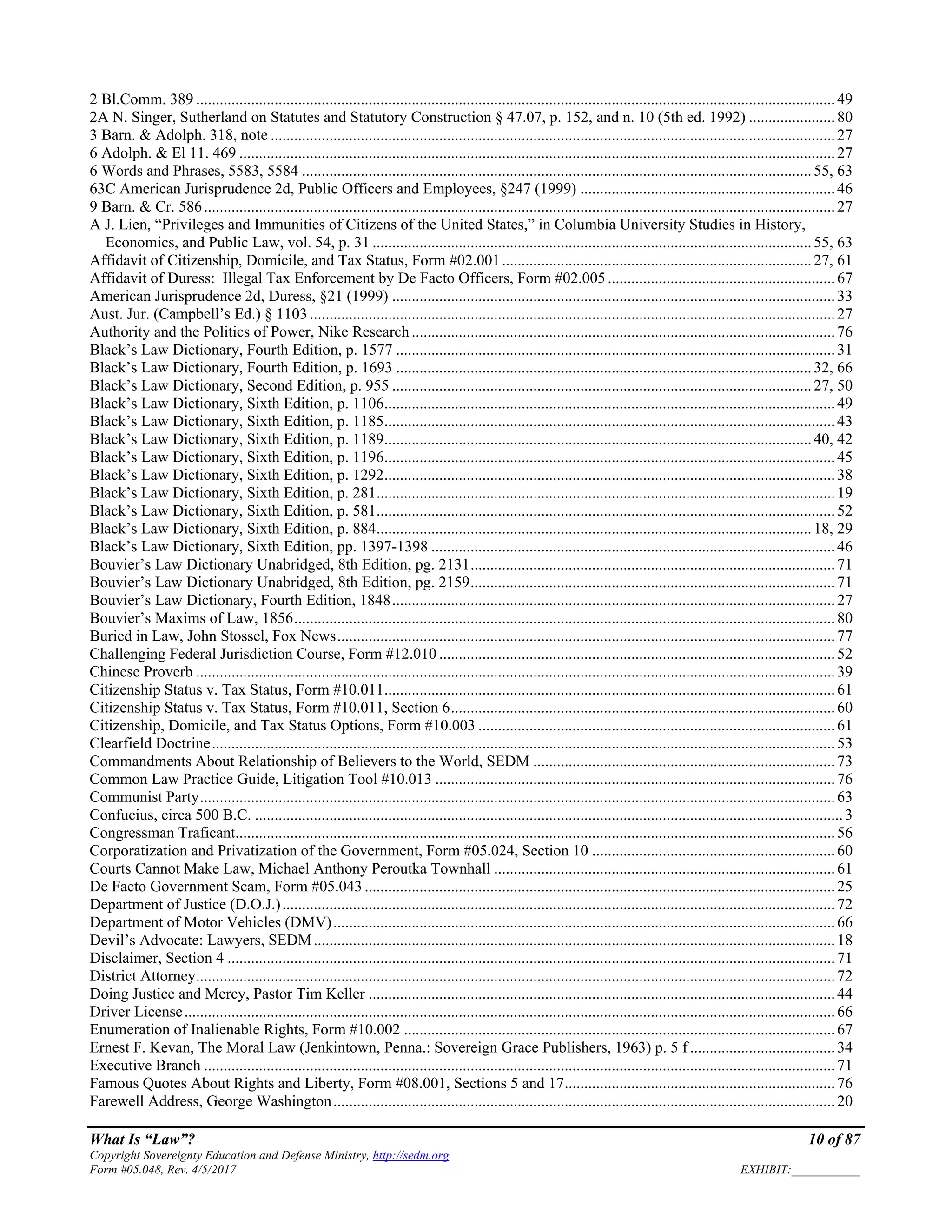 What Is “Law”? 10 of 87
Copyright Sovereignty Education and Defense Ministry, http://sedm.org
Form #05.048, Rev. 4/5/2017 EXHIBIT:___________
2 Bl.Comm. 389 ...................................................................................................................................................................49
2A N. Singer, Sutherland on Statutes and Statutory Construction § 47.07, p. 152, and n. 10 (5th ed. 1992) ......................80
3 Barn. & Adolph. 318, note ................................................................................................................................................27
6 Adolph. & El 11. 469 ........................................................................................................................................................27
6 Words and Phrases, 5583, 5584 ..................................................................................................................................55, 63
63C American Jurisprudence 2d, Public Officers and Employees, §247 (1999) .................................................................46
9 Barn. & Cr. 586.................................................................................................................................................................27
A J. Lien, “Privileges and Immunities of Citizens of the United States,” in Columbia University Studies in History,
Economics, and Public Law, vol. 54, p. 31 ................................................................................................................55, 63
Affidavit of Citizenship, Domicile, and Tax Status, Form #02.001...............................................................................27, 61
Affidavit of Duress: Illegal Tax Enforcement by De Facto Officers, Form #02.005..........................................................67
American Jurisprudence 2d, Duress, §21 (1999) .................................................................................................................33
Aust. Jur. (Campbell’s Ed.) § 1103 ......................................................................................................................................27
Authority and the Politics of Power, Nike Research ............................................................................................................76
Black’s Law Dictionary, Fourth Edition, p. 1577 ................................................................................................................31
Black’s Law Dictionary, Fourth Edition, p. 1693 ..........................................................................................................32, 66
Black’s Law Dictionary, Second Edition, p. 955 ...........................................................................................................27, 50
Black’s Law Dictionary, Sixth Edition, p. 1106...................................................................................................................49
Black’s Law Dictionary, Sixth Edition, p. 1185...................................................................................................................43
Black’s Law Dictionary, Sixth Edition, p. 1189.............................................................................................................40, 42
Black’s Law Dictionary, Sixth Edition, p. 1196...................................................................................................................45
Black’s Law Dictionary, Sixth Edition, p. 1292...................................................................................................................38
Black’s Law Dictionary, Sixth Edition, p. 281.....................................................................................................................19
Black’s Law Dictionary, Sixth Edition, p. 581.....................................................................................................................52
Black’s Law Dictionary, Sixth Edition, p. 884...............................................................................................................18, 29
Black’s Law Dictionary, Sixth Edition, pp. 1397-1398 .......................................................................................................46
Bouvier’s Law Dictionary Unabridged, 8th Edition, pg. 2131.............................................................................................71
Bouvier’s Law Dictionary Unabridged, 8th Edition, pg. 2159.............................................................................................71
Bouvier’s Law Dictionary, Fourth Edition, 1848.................................................................................................................27
Bouvier’s Maxims of Law, 1856..........................................................................................................................................80
Buried in Law, John Stossel, Fox News...............................................................................................................................77
Challenging Federal Jurisdiction Course, Form #12.010 .....................................................................................................52
Chinese Proverb ...................................................................................................................................................................39
Citizenship Status v. Tax Status, Form #10.011...................................................................................................................61
Citizenship Status v. Tax Status, Form #10.011, Section 6..................................................................................................60
Citizenship, Domicile, and Tax Status Options, Form #10.003 ...........................................................................................61
Clearfield Doctrine...............................................................................................................................................................53
Commandments About Relationship of Believers to the World, SEDM .............................................................................73
Common Law Practice Guide, Litigation Tool #10.013 ......................................................................................................76
Communist Party..................................................................................................................................................................63
Confucius, circa 500 B.C. ......................................................................................................................................................3
Congressman Traficant.........................................................................................................................................................56
Corporatization and Privatization of the Government, Form #05.024, Section 10 ..............................................................60
Courts Cannot Make Law, Michael Anthony Peroutka Townhall .......................................................................................61
De Facto Government Scam, Form #05.043 ........................................................................................................................25
Department of Justice (D.O.J.).............................................................................................................................................72
Department of Motor Vehicles (DMV)................................................................................................................................66
Devil’s Advocate: Lawyers, SEDM.....................................................................................................................................18
Disclaimer, Section 4 ...........................................................................................................................................................71
District Attorney...................................................................................................................................................................72
Doing Justice and Mercy, Pastor Tim Keller .......................................................................................................................44
Driver License......................................................................................................................................................................66
Enumeration of Inalienable Rights, Form #10.002 ..............................................................................................................67
Ernest F. Kevan, The Moral Law (Jenkintown, Penna.: Sovereign Grace Publishers, 1963) p. 5 f .....................................34
Executive Branch .................................................................................................................................................................71
Famous Quotes About Rights and Liberty, Form #08.001, Sections 5 and 17.....................................................................76
Farewell Address, George Washington................................................................................................................................20
 