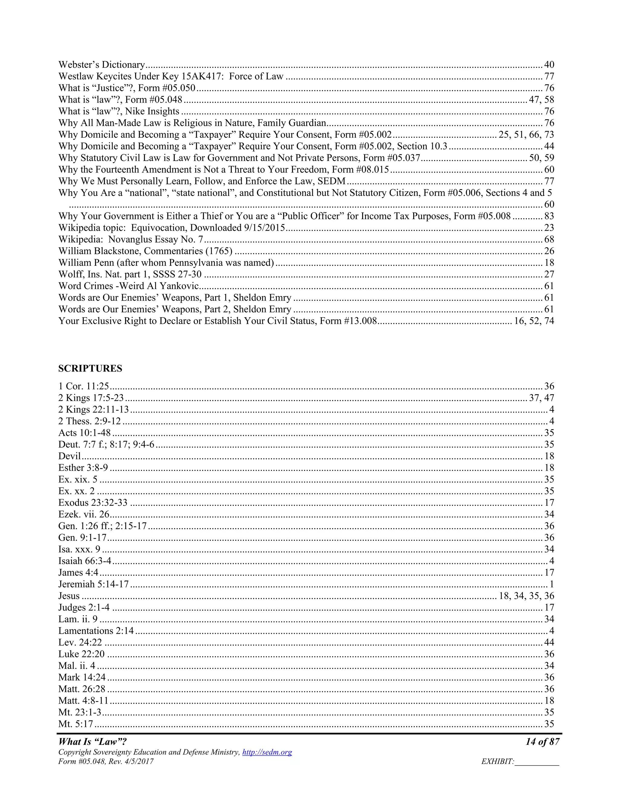 What Is “Law”? 14 of 87
Copyright Sovereignty Education and Defense Ministry, http://sedm.org
Form #05.048, Rev. 4/5/2017 EXHIBIT:___________
Webster’s Dictionary............................................................................................................................................................40
Westlaw Keycites Under Key 15AK417: Force of Law .....................................................................................................77
What is “Justice”?, Form #05.050........................................................................................................................................76
What is “law”?, Form #05.048.......................................................................................................................................47, 58
What is “law”?, Nike Insights ..............................................................................................................................................76
Why All Man-Made Law is Religious in Nature, Family Guardian.....................................................................................76
Why Domicile and Becoming a “Taxpayer” Require Your Consent, Form #05.002......................................... 25, 51, 66, 73
Why Domicile and Becoming a “Taxpayer” Require Your Consent, Form #05.002, Section 10.3.....................................44
Why Statutory Civil Law is Law for Government and Not Private Persons, Form #05.037..........................................50, 59
Why the Fourteenth Amendment is Not a Threat to Your Freedom, Form #08.015............................................................60
Why We Must Personally Learn, Follow, and Enforce the Law, SEDM.............................................................................77
Why You Are a “national”, “state national”, and Constitutional but Not Statutory Citizen, Form #05.006, Sections 4 and 5
..........................................................................................................................................................................................60
Why Your Government is Either a Thief or You are a “Public Officer” for Income Tax Purposes, Form #05.008............83
Wikipedia topic: Equivocation, Downloaded 9/15/2015.....................................................................................................23
Wikipedia: Novanglus Essay No. 7.....................................................................................................................................68
William Blackstone, Commentaries (1765) .........................................................................................................................26
William Penn (after whom Pennsylvania was named).........................................................................................................18
Wolff, Ins. Nat. part 1, SSSS 27-30 .....................................................................................................................................27
Word Crimes -Weird Al Yankovic.......................................................................................................................................61
Words are Our Enemies’ Weapons, Part 1, Sheldon Emry ..................................................................................................61
Words are Our Enemies’ Weapons, Part 2, Sheldon Emry ..................................................................................................61
Your Exclusive Right to Declare or Establish Your Civil Status, Form #13.008..................................................... 16, 52, 74
SCRIPTURES
1 Cor. 11:25..........................................................................................................................................................................36
2 Kings 17:5-23..............................................................................................................................................................37, 47
2 Kings 22:11-13....................................................................................................................................................................4
2 Thess. 2:9-12.......................................................................................................................................................................4
Acts 10:1-48.........................................................................................................................................................................35
Deut. 7:7 f.; 8:17; 9:4-6........................................................................................................................................................35
Devil.....................................................................................................................................................................................18
Esther 3:8-9 ..........................................................................................................................................................................18
Ex. xix. 5 ..............................................................................................................................................................................35
Ex. xx. 2 ...............................................................................................................................................................................35
Exodus 23:32-33 ..................................................................................................................................................................17
Ezek. vii. 26..........................................................................................................................................................................34
Gen. 1:26 ff.; 2:15-17...........................................................................................................................................................36
Gen. 9:1-17...........................................................................................................................................................................36
Isa. xxx. 9 .............................................................................................................................................................................34
Isaiah 66:3-4...........................................................................................................................................................................4
James 4:4..............................................................................................................................................................................17
Jeremiah 5:14-17....................................................................................................................................................................1
Jesus ................................................................................................................................................................... 18, 34, 35, 36
Judges 2:1-4 .........................................................................................................................................................................17
Lam. ii. 9 ..............................................................................................................................................................................34
Lamentations 2:14..................................................................................................................................................................4
Lev. 24:22 ............................................................................................................................................................................44
Luke 22:20 ...........................................................................................................................................................................36
Mal. ii. 4...............................................................................................................................................................................34
Mark 14:24...........................................................................................................................................................................36
Matt. 26:28 ...........................................................................................................................................................................36
Matt. 4:8-11..........................................................................................................................................................................18
Mt. 23:1-3.............................................................................................................................................................................35
Mt. 5:17................................................................................................................................................................................35
 