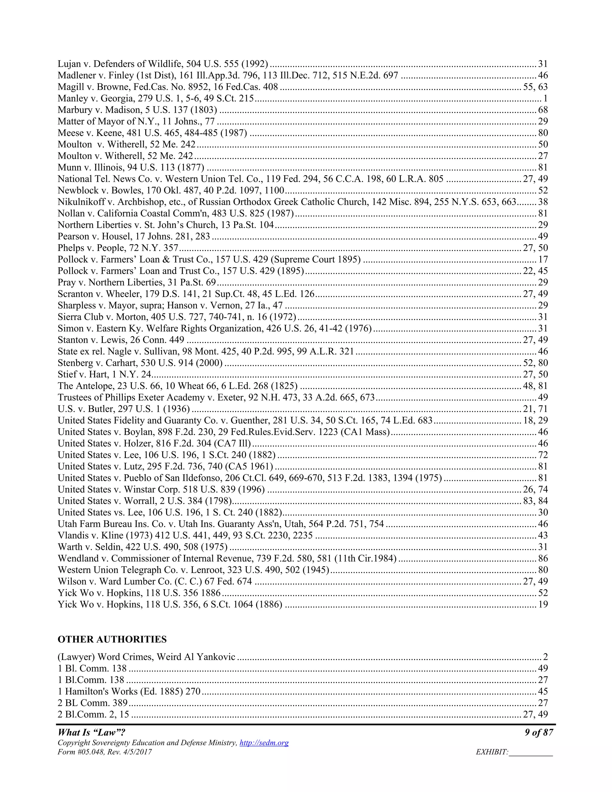 What Is “Law”? 9 of 87
Copyright Sovereignty Education and Defense Ministry, http://sedm.org
Form #05.048, Rev. 4/5/2017 EXHIBIT:___________
Lujan v. Defenders of Wildlife, 504 U.S. 555 (1992) ..........................................................................................................31
Madlener v. Finley (1st Dist), 161 Ill.App.3d. 796, 113 Ill.Dec. 712, 515 N.E.2d. 697 ......................................................46
Magill v. Browne, Fed.Cas. No. 8952, 16 Fed.Cas. 408 ................................................................................................55, 63
Manley v. Georgia, 279 U.S. 1, 5-6, 49 S.Ct. 215..................................................................................................................1
Marbury v. Madison, 5 U.S. 137 (1803) ..............................................................................................................................68
Matter of Mayor of N.Y., 11 Johns., 77 ...............................................................................................................................29
Meese v. Keene, 481 U.S. 465, 484-485 (1987) ..................................................................................................................80
Moulton v. Witherell, 52 Me. 242.......................................................................................................................................50
Moulton v. Witherell, 52 Me. 242........................................................................................................................................27
Munn v. Illinois, 94 U.S. 113 (1877) ...................................................................................................................................81
National Tel. News Co. v. Western Union Tel. Co., 119 Fed. 294, 56 C.C.A. 198, 60 L.R.A. 805 ..............................27, 49
Newblock v. Bowles, 170 Okl. 487, 40 P.2d. 1097, 1100....................................................................................................52
Nikulnikoff v. Archbishop, etc., of Russian Orthodox Greek Catholic Church, 142 Misc. 894, 255 N.Y.S. 653, 663........38
Nollan v. California Coastal Comm'n, 483 U.S. 825 (1987)................................................................................................81
Northern Liberties v. St. John’s Church, 13 Pa.St. 104........................................................................................................29
Pearson v. Housel, 17 Johns. 281, 283.................................................................................................................................49
Phelps v. People, 72 N.Y. 357........................................................................................................................................27, 50
Pollock v. Farmers’ Loan & Trust Co., 157 U.S. 429 (Supreme Court 1895) .....................................................................17
Pollock v. Farmers’ Loan and Trust Co., 157 U.S. 429 (1895)......................................................................................22, 45
Pray v. Northern Liberties, 31 Pa.St. 69...............................................................................................................................29
Scranton v. Wheeler, 179 D.S. 141, 21 Sup.Ct. 48, 45 L.Ed. 126..................................................................................27, 49
Sharpless v. Mayor, supra; Hanson v. Vernon, 27 Ia., 47 ....................................................................................................29
Sierra Club v. Morton, 405 U.S. 727, 740-741, n. 16 (1972)...............................................................................................31
Simon v. Eastern Ky. Welfare Rights Organization, 426 U.S. 26, 41-42 (1976).................................................................31
Stanton v. Lewis, 26 Conn. 449 .....................................................................................................................................27, 49
State ex rel. Nagle v. Sullivan, 98 Mont. 425, 40 P.2d. 995, 99 A.L.R. 321........................................................................46
Stenberg v. Carhart, 530 U.S. 914 (2000) ......................................................................................................................52, 80
Stief v. Hart, 1 N.Y. 24...................................................................................................................................................27, 50
The Antelope, 23 U.S. 66, 10 Wheat 66, 6 L.Ed. 268 (1825) ........................................................................................48, 81
Trustees of Phillips Exeter Academy v. Exeter, 92 N.H. 473, 33 A.2d. 665, 673................................................................49
U.S. v. Butler, 297 U.S. 1 (1936) ...................................................................................................................................21, 71
United States Fidelity and Guaranty Co. v. Guenther, 281 U.S. 34, 50 S.Ct. 165, 74 L.Ed. 683...................................18, 29
United States v. Boylan, 898 F.2d. 230, 29 Fed.Rules.Evid.Serv. 1223 (CA1 Mass)..........................................................46
United States v. Holzer, 816 F.2d. 304 (CA7 Ill).................................................................................................................46
United States v. Lee, 106 U.S. 196, 1 S.Ct. 240 (1882) .......................................................................................................72
United States v. Lutz, 295 F.2d. 736, 740 (CA5 1961) ........................................................................................................81
United States v. Pueblo of San Ildefonso, 206 Ct.Cl. 649, 669-670, 513 F.2d. 1383, 1394 (1975) .....................................81
United States v. Winstar Corp. 518 U.S. 839 (1996) .....................................................................................................26, 74
United States v. Worrall, 2 U.S. 384 (1798)...................................................................................................................83, 84
United States vs. Lee, 106 U.S. 196, 1 S. Ct. 240 (1882).....................................................................................................30
Utah Farm Bureau Ins. Co. v. Utah Ins. Guaranty Ass'n, Utah, 564 P.2d. 751, 754 ............................................................46
Vlandis v. Kline (1973) 412 U.S. 441, 449, 93 S.Ct. 2230, 2235 ........................................................................................43
Warth v. Seldin, 422 U.S. 490, 508 (1975) ..........................................................................................................................31
Wendland v. Commissioner of Internal Revenue, 739 F.2d. 580, 581 (11th Cir.1984) .......................................................86
Western Union Telegraph Co. v. Lenroot, 323 U.S. 490, 502 (1945)..................................................................................80
Wilson v. Ward Lumber Co. (C. C.) 67 Fed. 674 ..........................................................................................................27, 49
Yick Wo v. Hopkins, 118 U.S. 356 1886.............................................................................................................................52
Yick Wo v. Hopkins, 118 U.S. 356, 6 S.Ct. 1064 (1886) ....................................................................................................19
OTHER AUTHORITIES
(Lawyer) Word Crimes, Weird Al Yankovic.........................................................................................................................2
1 Bl. Comm. 138 ..................................................................................................................................................................49
1 Bl.Comm. 138 ...................................................................................................................................................................27
1 Hamilton's Works (Ed. 1885) 270.....................................................................................................................................45
2 BL Comm. 389..................................................................................................................................................................27
2 Bl.Comm. 2, 15 ...........................................................................................................................................................27, 49
 