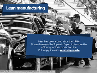 Lean manufacturing
Lean has been around since the 1940s
It was developed by Toyota in Japan to improve the
efficiency of their production line
Put simply it means removing waste
IMAGE: http://fukuoka-now.com/wp-content/uploads/2013/07/toyota-production-of-2011.jpg
 