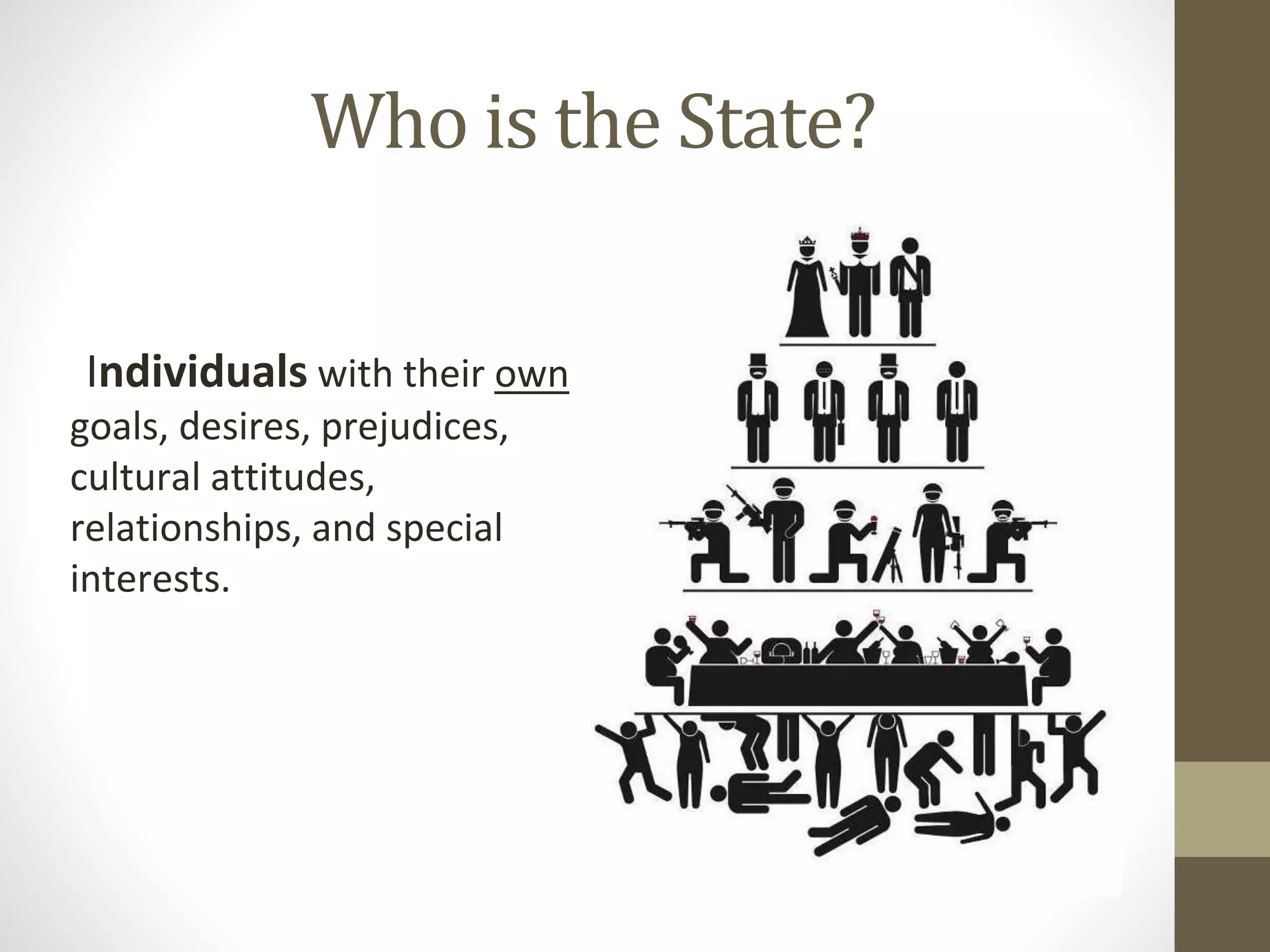 Who is the State?
Individuals with their own
goals, desires, prejudices,
cultural attitudes,
relationships, and special
interests.
 