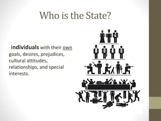 Who is the State?
Individuals with their own
goals, desires, prejudices,
cultural attitudes,
relationships, and special
interests.
 