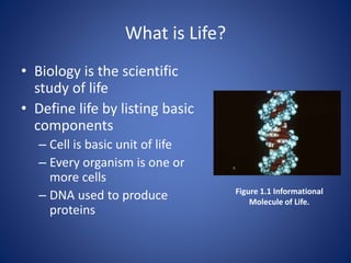 What is Life?
• Biology is the scientific
study of life
• Define life by listing basic
components
– Cell is basic unit of life
– Every organism is one or
more cells
– DNA used to produce
proteins
Figure 1.1 Informational
Molecule of Life.
 