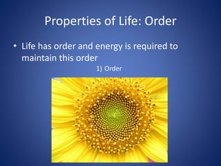 Properties of Life: Order
• Life has order and energy is required to
maintain this order
1) Order
 