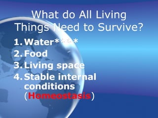 What do All Living
Things Need to Survive?
1.Water****
2.Food
3.Living space
4.Stable internal
conditions
(Homeostasis)
 