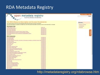 RDA Metadata Registry http://metadataregistry.org/rdabrowse.htm 