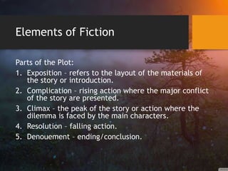 Elements of Fiction
Parts of the Plot:
1. Exposition – refers to the layout of the materials of
the story or introduction.
2. Complication – rising action where the major conflict
of the story are presented.
3. Climax – the peak of the story or action where the
dilemma is faced by the main characters.
4. Resolution – falling action.
5. Denouement – ending/conclusion.
 