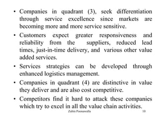 10
• Companies in quadrant (3), seek differentiation
through service excellence since markets are
becoming more and more service sensitive.
• Customers expect greater responsiveness and
reliability from the suppliers, reduced lead
times, just-in-time delivery, and various other value
added services.
• Services strategies can be developed through
enhanced logistics management.
• Companies in quadrant (4) are distinctive in value
they deliver and are also cost competitive.
• Competitors find it hard to attack these companies
which try to excel in all the value chain activities.
Zubin Poonawalla
 