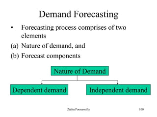 100
Demand Forecasting
• Forecasting process comprises of two
elements
(a) Nature of demand, and
(b) Forecast components
Nature of Demand
Dependent demand Independent demand
Zubin Poonawalla
 