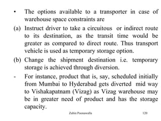 120
• The options available to a transporter in case of
warehouse space constraints are
(a) Instruct driver to take a circuitous or indirect route
to its destination, as the transit time would be
greater as compared to direct route. Thus transport
vehicle is used as temporary storage option.
(b) Change the shipment destination i.e. temporary
storage is achieved through diversion.
- For instance, product that is, say, scheduled initially
from Mumbai to Hyderabad gets diverted mid way
to Vishakapatnam (Vizag) as Vizag warehouse may
be in greater need of product and has the storage
capacity.
Zubin Poonawalla
 