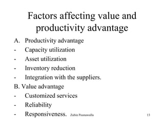 13
Factors affecting value and
productivity advantage
A. Productivity advantage
- Capacity utilization
- Asset utilization
- Inventory reduction
- Integration with the suppliers.
B. Value advantage
- Customized services
- Reliability
- Responsiveness. Zubin Poonawalla
 