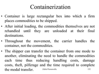152
Containerization
• Container is large rectangular box into which a firm
places commodities to be shipped.
• After initial loading, the commodities themselves are not
rehandled until they are unloaded at their final
destinations.
• Throughout the movement, the carrier handles the
container, not the commodities.
• The shipper can transfer the container from one mode to
another, eliminating the need to handle the commodities
each time thus reducing handling costs, damage
costs, theft, pilferage and the time required to complete
the modal transfer. Zubin Poonawalla
 