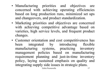 17
• Manufacturing priorities and objectives are
concerned with achieving operating efficiencies
based on long production runs, minimized set ups
and changeovers, and product standardization.
• Marketing priorities and objectives are concerned
with achieving competitive advantage based on
varieties, high service levels, and frequent product
changes.
• Customer orientation and cost competitiveness has
been integrated by introducing flexible
manufacturing systems, practicing inventory
management policies based on manufacturing
requirement planning and just-in-time inventory
policy, laying sustained emphasis on quality and
integrating supply side issues in strategic plans.
Zubin Poonawalla
 