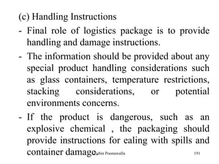 191
(c) Handling Instructions
- Final role of logistics package is to provide
handling and damage instructions.
- The information should be provided about any
special product handling considerations such
as glass containers, temperature restrictions,
stacking considerations, or potential
environments concerns.
- If the product is dangerous, such as an
explosive chemical , the packaging should
provide instructions for ealing with spills and
container damage.Zubin Poonawalla
 