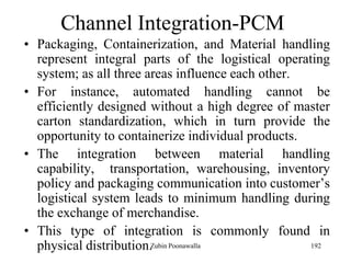 192
Channel Integration-PCM
• Packaging, Containerization, and Material handling
represent integral parts of the logistical operating
system; as all three areas influence each other.
• For instance, automated handling cannot be
efficiently designed without a high degree of master
carton standardization, which in turn provide the
opportunity to containerize individual products.
• The integration between material handling
capability, transportation, warehousing, inventory
policy and packaging communication into customer‟s
logistical system leads to minimum handling during
the exchange of merchandise.
• This type of integration is commonly found in
physical distribution.Zubin Poonawalla
 