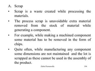 194
A. Scrap
• Scrap is a waste created while processing the
materials.
• The process scrap is unavoidable extra material
removed from the stock of material while
generating a component.
• For example, while making a machined component
some material has to be removed in the form of
chips.
• Quite often, while manufacturing any component
some dimensions are not maintained and the lot is
scrapped as these cannot be used in the assembly of
the product.
Zubin Poonawalla
 