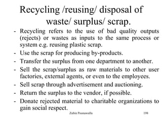 198
Recycling /reusing/ disposal of
waste/ surplus/ scrap.
- Recycling refers to the use of bad quality outputs
(rejects) or wastes as inputs to the same process or
system e.g. reusing plastic scrap.
- Use the scrap for producing by-products.
- Transfer the surplus from one department to another.
- Sell the scrap/surplus as raw materials to other user
factories, external agents, or even to the employees.
- Sell scrap through advertisement and auctioning.
- Return the surplus to the vendor, if possible.
- Donate rejected material to charitable organizations to
gain social respect.
Zubin Poonawalla
 