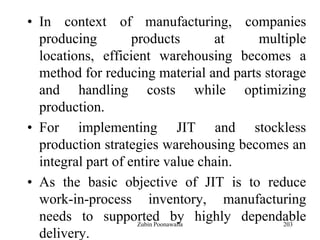 203
• In context of manufacturing, companies
producing products at multiple
locations, efficient warehousing becomes a
method for reducing material and parts storage
and handling costs while optimizing
production.
• For implementing JIT and stockless
production strategies warehousing becomes an
integral part of entire value chain.
• As the basic objective of JIT is to reduce
work-in-process inventory, manufacturing
needs to supported by highly dependable
delivery.
Zubin Poonawalla
 