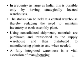 204
• In a country as large as India, this is possible
only by having strategically located
warehouses.
• The stocks can be held at a central warehouse
thereby reducing the need to maintain
inventory at each assembly plant.
• Using consolidated shipments, materials are
purchased and transported to the supply
warehouse and then distributed to
manufacturing plants as and when needed.
• A fully integrated warehouse is a vital
extension of manufacturing.Zubin Poonawalla
 