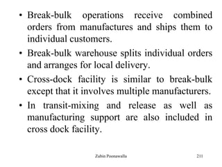 211
• Break-bulk operations receive combined
orders from manufactures and ships them to
individual customers.
• Break-bulk warehouse splits individual orders
and arranges for local delivery.
• Cross-dock facility is similar to break-bulk
except that it involves multiple manufacturers.
• In transit-mixing and release as well as
manufacturing support are also included in
cross dock facility.
Zubin Poonawalla
 