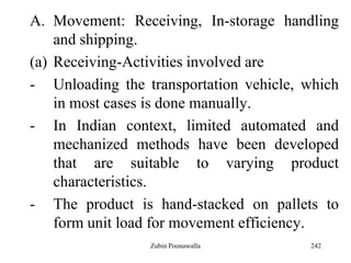 242
A. Movement: Receiving, In-storage handling
and shipping.
(a) Receiving-Activities involved are
- Unloading the transportation vehicle, which
in most cases is done manually.
- In Indian context, limited automated and
mechanized methods have been developed
that are suitable to varying product
characteristics.
- The product is hand-stacked on pallets to
form unit load for movement efficiency.
Zubin Poonawalla
 