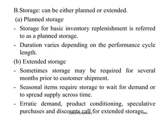 244
B.Storage: can be either planned or extended.
(a) Planned storage
- Storage for basic inventory replenishment is referred
to as a planned storage.
- Duration varies depending on the performance cycle
length.
(b) Extended storage
- Sometimes storage may be required for several
months prior to customer shipment.
- Seasonal items require storage to wait for demand or
to spread supply across time.
- Erratic demand, product conditioning, speculative
purchases and discounts call for extended storage.Zubin Poonawalla
 