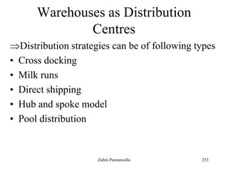 253
Warehouses as Distribution
Centres
Distribution strategies can be of following types
• Cross docking
• Milk runs
• Direct shipping
• Hub and spoke model
• Pool distribution
Zubin Poonawalla
 