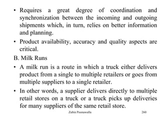 260
• Requires a great degree of coordination and
synchronization between the incoming and outgoing
shipments which, in turn, relies on better information
and planning.
• Product availability, accuracy and quality aspects are
critical.
B. Milk Runs
• A milk run is a route in which a truck either delivers
product from a single to multiple retailers or goes from
multiple suppliers to a single retailer.
• In other words, a supplier delivers directly to multiple
retail stores on a truck or a truck picks up deliveries
for many suppliers of the same retail store.
Zubin Poonawalla
 