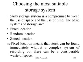 278
Choosing the most suitable
storage system
Any storage system is a compromise between
the use of space and the use of time. The basic
systems of storage are:
• Fixed location
• Random location
• Zoned location
Fixed location means that stock can be found
immediately without a complex system of
recording but there can be a considerable
waste of space.
Zubin Poonawalla
 