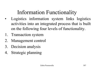 307
Information Functionality
• Logistics information system links logistics
activities into an integrated process that is built
on the following four levels of functionality.
1. Transaction system
2. Management control
3. Decision analysis
4. Strategic planning
Zubin Poonawalla
 