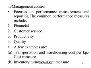 310
Management control
• Focuses on performance measurement and
reporting.The common performance measures
include:
1. Financial
2. Customer service
3. Productivity
4. Quality
• A few examples are:
(a) Transportation and warehousing cost per kg.-
Cost measure
(b) Inventory turnover-Asset measureZubin Poonawalla
 
