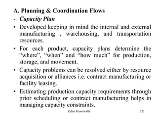 321
A. Planning & Coordination Flows
- Capacity Plan
• Developed keeping in mind the internal and external
manufacturing , warehousing, and transportation
resources.
• For each product, capacity plans determine the
“where”, “when” and “how much” for production,
storage, and movement.
• Capacity problems can be resolved either by resource
acquisition or alliances i.e. contract manufacturing or
facility leasing.
• Estimating production capacity requirements through
prior scheduling or contract manufacturing helps in
managing capacity constraints.
Zubin Poonawalla
 