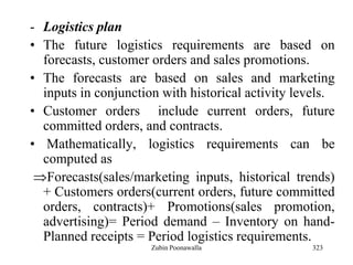323
- Logistics plan
• The future logistics requirements are based on
forecasts, customer orders and sales promotions.
• The forecasts are based on sales and marketing
inputs in conjunction with historical activity levels.
• Customer orders include current orders, future
committed orders, and contracts.
• Mathematically, logistics requirements can be
computed as
Forecasts(sales/marketing inputs, historical trends)
+ Customers orders(current orders, future committed
orders, contracts)+ Promotions(sales promotion,
advertising)= Period demand – Inventory on hand-
Planned receipts = Period logistics requirements.
Zubin Poonawalla
 