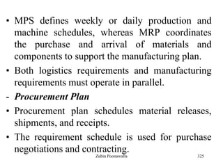 325
• MPS defines weekly or daily production and
machine schedules, whereas MRP coordinates
the purchase and arrival of materials and
components to support the manufacturing plan.
• Both logistics requirements and manufacturing
requirements must operate in parallel.
- Procurement Plan
• Procurement plan schedules material releases,
shipments, and receipts.
• The requirement schedule is used for purchase
negotiations and contracting.
Zubin Poonawalla
 