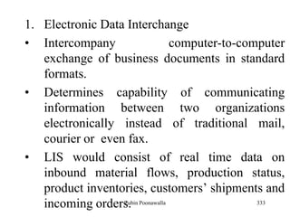 333
1. Electronic Data Interchange
• Intercompany computer-to-computer
exchange of business documents in standard
formats.
• Determines capability of communicating
information between two organizations
electronically instead of traditional mail,
courier or even fax.
• LIS would consist of real time data on
inbound material flows, production status,
product inventories, customers‟ shipments and
incoming orders.Zubin Poonawalla
 