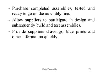 373
- Purchase completed assemblies, tested and
ready to go on the assembly line.
- Allow suppliers to participate in design and
subsequently build and test assemblies.
- Provide suppliers drawings, blue prints and
other information quickly.
Zubin Poonawalla
 