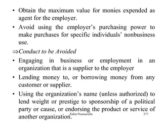 377
• Obtain the maximum value for monies expended as
agent for the employer.
• Avoid using the employer‟s purchasing power to
make purchases for specific individuals‟ nonbusiness
use.
Conduct to be Avoided
• Engaging in business or employment in an
organization that is a supplier to the employer
• Lending money to, or borrowing money from any
customer or supplier.
• Using the organization‟s name (unless authorized) to
lend weight or prestige to sponsorship of a political
party or cause, or endorsing the product or service of
another organization.
Zubin Poonawalla
 