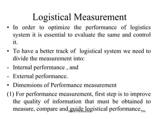Logistical Measurement
• In order to optimize the performance of logistics
system it is essential to evaluate the same and control
it.
• To have a better track of logistical system we need to
divide the measurement into:
- Internal performance , and
- External performance.
• Dimensions of Performance measurement
(1) For performance measurement, first step is to improve
the quality of information that must be obtained to
measure, compare and guide logistical performance.396Zubin Poonawalla
 