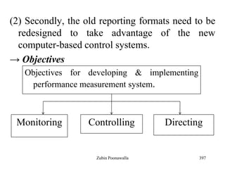 (2) Secondly, the old reporting formats need to be
redesigned to take advantage of the new
computer-based control systems.
→ Objectives
397
Objectives for developing & implementing
performance measurement system.
Monitoring Controlling Directing
Zubin Poonawalla
 