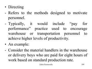 • Directing
- Refers to the methods designed to motivate
personnel.
- Typically, it would include “pay for
performance” practice used to encourage
warehouse or transportation personnel to
achieve higher levels of productivity.
• An example:
- Consider the material handlers in the warehouse
or delivery boys who are paid for eight hours of
work based on standard production rate.
399Zubin Poonawalla
 
