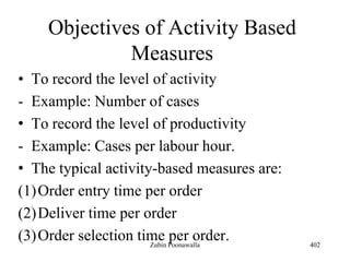 Objectives of Activity Based
Measures
• To record the level of activity
- Example: Number of cases
• To record the level of productivity
- Example: Cases per labour hour.
• The typical activity-based measures are:
(1)Order entry time per order
(2)Deliver time per order
(3)Order selection time per order. 402Zubin Poonawalla
 
