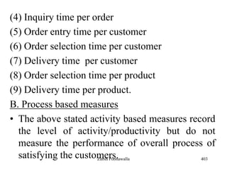 (4) Inquiry time per order
(5) Order entry time per customer
(6) Order selection time per customer
(7) Delivery time per customer
(8) Order selection time per product
(9) Delivery time per product.
B. Process based measures
• The above stated activity based measures record
the level of activity/productivity but do not
measure the performance of overall process of
satisfying the customers. 403Zubin Poonawalla
 