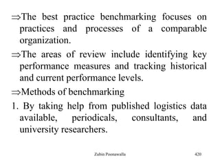 The best practice benchmarking focuses on
practices and processes of a comparable
organization.
The areas of review include identifying key
performance measures and tracking historical
and current performance levels.
Methods of benchmarking
1. By taking help from published logistics data
available, periodicals, consultants, and
university researchers.
420Zubin Poonawalla
 