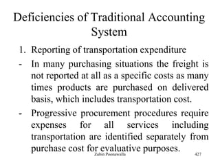 Deficiencies of Traditional Accounting
System
1. Reporting of transportation expenditure
- In many purchasing situations the freight is
not reported at all as a specific costs as many
times products are purchased on delivered
basis, which includes transportation cost.
- Progressive procurement procedures require
expenses for all services including
transportation are identified separately from
purchase cost for evaluative purposes. 427Zubin Poonawalla
 