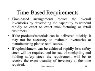 44
Time-Based Requirements
• Time-based arrangements reduce the overall
inventories by developing the capability to respond
rapidly to exact to exact manufacturing or retail
customers.
• If the products/materials can be delivered quickly, it
may not be necessary to maintain inventories at
manufacturing plants/ retail stores.
• If replenishment can be achieved rapidly less safety
stock will be required and instead of stockpiling and
holding safety stock the requirement will be to
receive the exact quantity of inventory at the time
required. Zubin Poonawalla
 