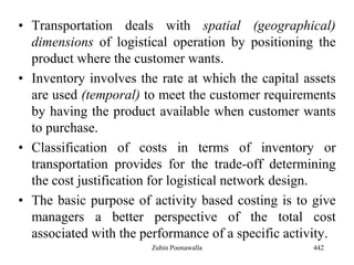 • Transportation deals with spatial (geographical)
dimensions of logistical operation by positioning the
product where the customer wants.
• Inventory involves the rate at which the capital assets
are used (temporal) to meet the customer requirements
by having the product available when customer wants
to purchase.
• Classification of costs in terms of inventory or
transportation provides for the trade-off determining
the cost justification for logistical network design.
• The basic purpose of activity based costing is to give
managers a better perspective of the total cost
associated with the performance of a specific activity.
442Zubin Poonawalla
 