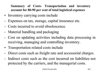 Summary of Costs- Transportation and inventory
account for 80-90 per cent of total logistical expenses
• Inventory carrying costs include
- Expenses on tax, storage, capital insurance etc.
- Costs incurred to avoid obsolescence.
- Material handling and packaging
- Cost on updating activities including data processing in
receiving, managing and controlling inventory.
• Transportation related costs include
- Direct costs such as freight rate and accessorial charges.
- Indirect costs such as the cost incurred on liabilities not
protected by the carriers, and the managerial costs.
443Zubin Poonawalla
 