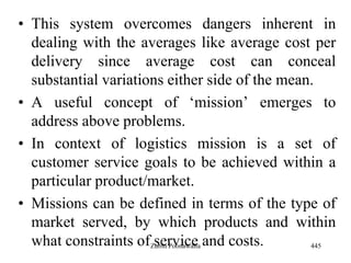 • This system overcomes dangers inherent in
dealing with the averages like average cost per
delivery since average cost can conceal
substantial variations either side of the mean.
• A useful concept of „mission‟ emerges to
address above problems.
• In context of logistics mission is a set of
customer service goals to be achieved within a
particular product/market.
• Missions can be defined in terms of the type of
market served, by which products and within
what constraints of service and costs. 445Zubin Poonawalla
 