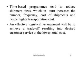 45
• Time-based programmes tend to reduce
shipment sizes, which in turn increases the
number, frequency, cost of shipments and
hence higher transportation cost.
• An effective logistical arrangement will be to
achieve a trade-off resulting into desired
customer service at the lowest total cost.
Zubin Poonawalla
 